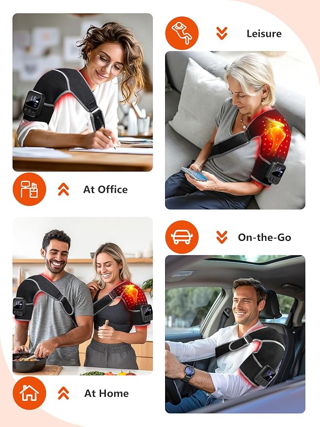Red Light Therapy for Shoulder with Heat & Massage, 6 Modes 5000mAh Cord-Free Controller Infrared Light with 216 Beads 660nm & 850nm Portable Heated Shoulder Pad, Last 110-240mins