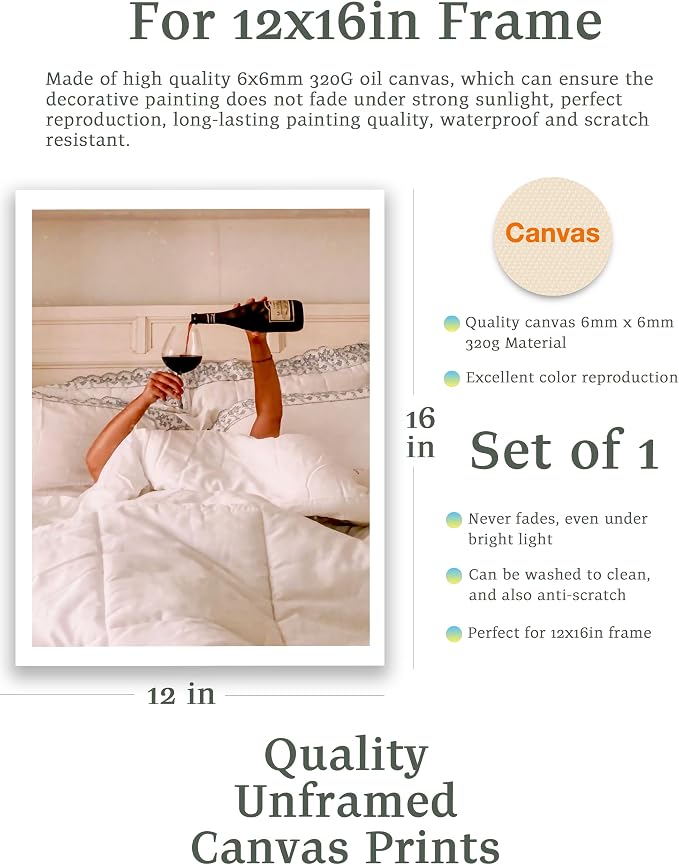 EcoHest 12x16 in Woman Drinking Wine in Bed Canvas Art | Unframed Canvas Print, Feminist Wine Wall Decor for Bedroom, Bathroom, Apartment, Dorm Room, College Room, 1Pack