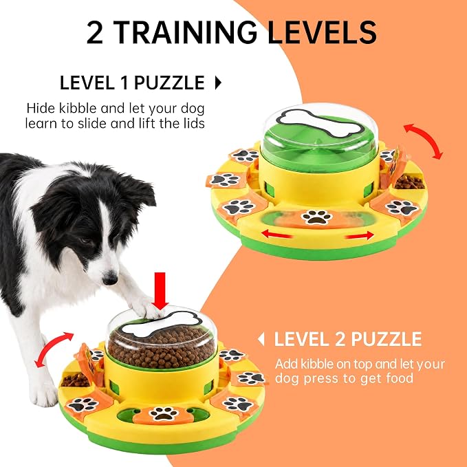 Dog Puzzle Toy 2 Levels, Slow Feeder, Pup Food Treat Feeding Dispenser for IQ Training and Entertainment for All Breeds,Green with Pattern