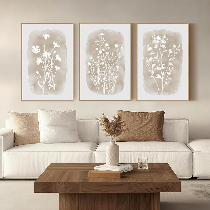 SAFERRYHOME Neutral Wildflower Beige Botanical Wall Art,3 Panels, 24x36 Inch