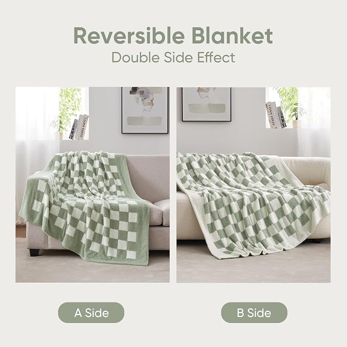 Snuggle Sac Checkered Throw Blanket for Couch, Super Soft, Cozy Warm Knit Blankets, Reversible Plaid Fluffy Throws for Sofa, Bed, Checkered Sage Green, 50x60 Inches