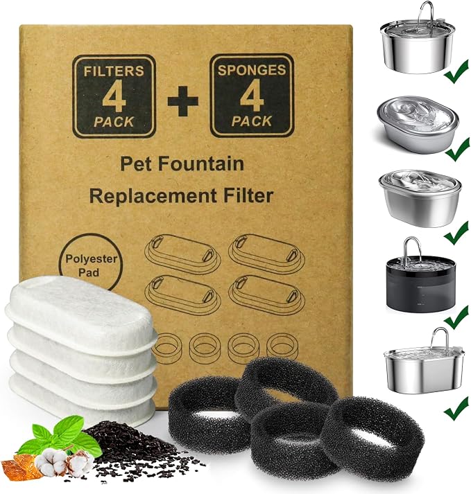Cat Water Fountain Filter 8Pcs Fit 101oz/3L Stainless Steel Pet Fountain | Cat Fountain Replacement Filters for 67oz/2L, 108oz/3.2L Cat Water Fountains Pet Fountain Filters (4 Filters &4 Sponges)