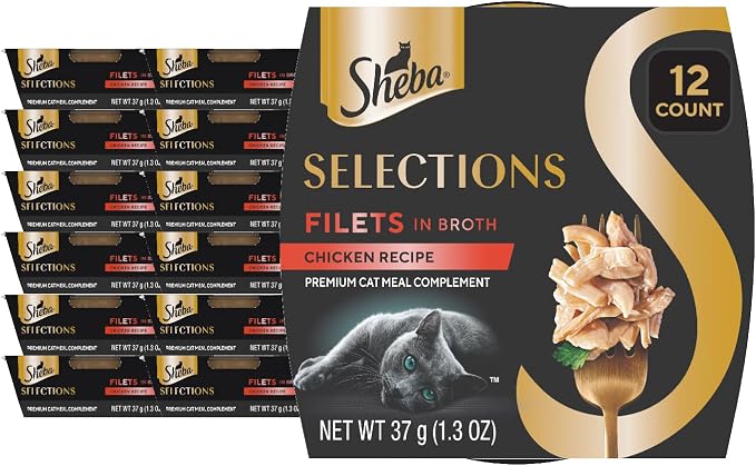Sheba Selections Filets Wet Cat Food Complement, Chicken, 1.3 oz, 12 ct | Grain-free, Real chicken #1 ingredient, no corn or soy, no artificial flavors, peel & serve topper or treat, 1.3 oz. Cups