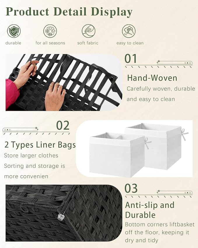 SETVSON Storage Basket with Lid Wicker Baskets for Storage, 160L Black | 42.3 Gallon Dual Lid Jumbo Blanket Storage Trunk, Divided Clothes Organizer, 2 Washable Liner Bags, Collapsible PE Rattan Bin