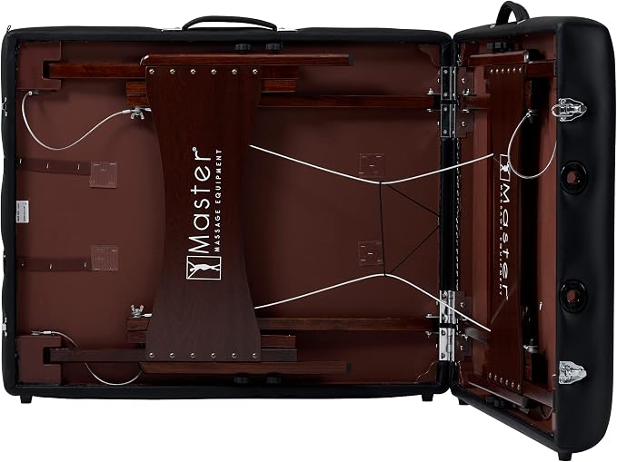 Master Massage Newport Portable Massage Table Package with Denser 2.5" Cushion, Walnut Stained Hardwood, Steel Support Cables, Pillows & Accessories, Black, 30"