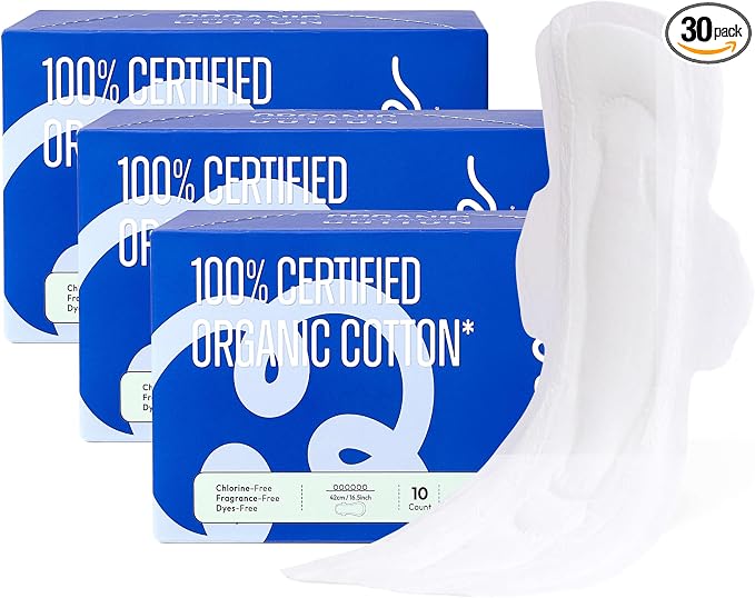 RPE Life 100% GOTS Organic Cotton Overnight Pads, Size 6, 30 Count | Size 6 extra long pads with wings; max absorption for overnight, postpartum, and heavy flow period care.