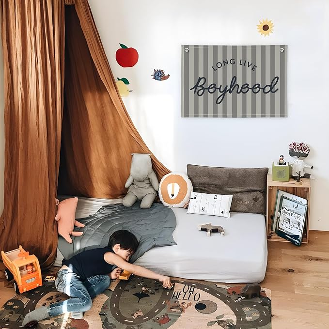 Boys Room Decor, Long Live Boyhood Linen Banner Hanging Flag, Vintage Stripes Banner Nursery Playroom Kids Bedroom Dorm Toddler Decorations Trendy Room Decor, Gifts for Teens 30x20 boyroom