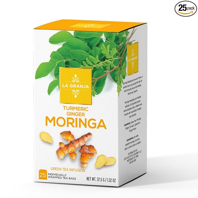 Life Plus Style Gourmet La Granja Turmeric Ginger Moringa Tea 25 Individually Wrapped Tea Bags Green Tea with Moringa Turmeric and Spearmint Ginger Herbal Blend for Women Men
