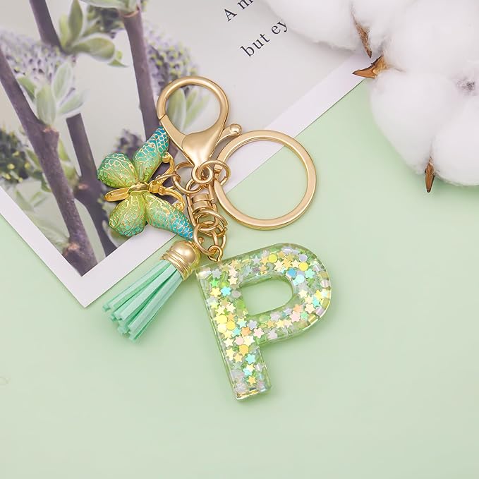 Fashion Alphabet Initial Letter Keychain Tassel Butterfly Pendant Key Ring for Purse Handbags Women Girl