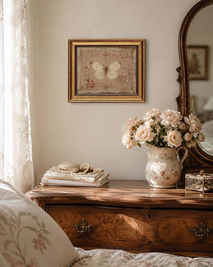 Gold Framed Wall Art, Vintage White Butterfly Canvas Prints, French Country Antique Insect Picture Wall Decor, Neutral Pink Cottagecore Artwork for Living Room Bedroom 9x11 inch