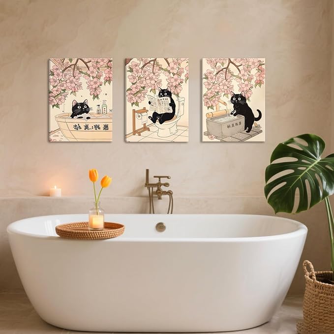 Funny Japanese Bathroom Wall Art Set of 3, Whimsical Black Cat Bathroom Wall Decor Painting Cute Japan Animal on Toilet Reading Poster Canvas Prints 12x16 inch Framed
