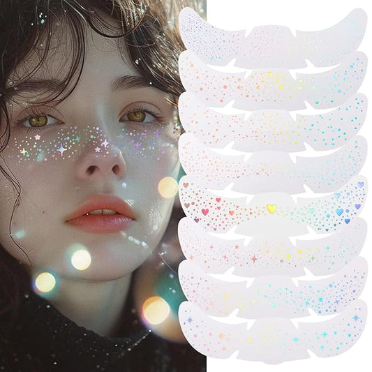 8PCS Glitter Freckles Face Tattoo for Body and Face, Face Glitter Patches for Women, Glow Up Makeup Patches Cosmetic Glitter for Festival Rave Prom (8PCSA holographic multicolor)