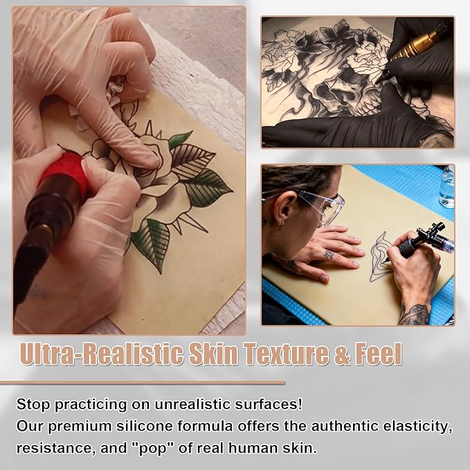 Tattoo Practice Skin Sheets, 8x6 Inch Fake Skin 15-Pack with 1mm/2mm/3mm Thickness - Realistic Feel Reusable Silicone for Tattoo Training, Beginners & Professional Artists