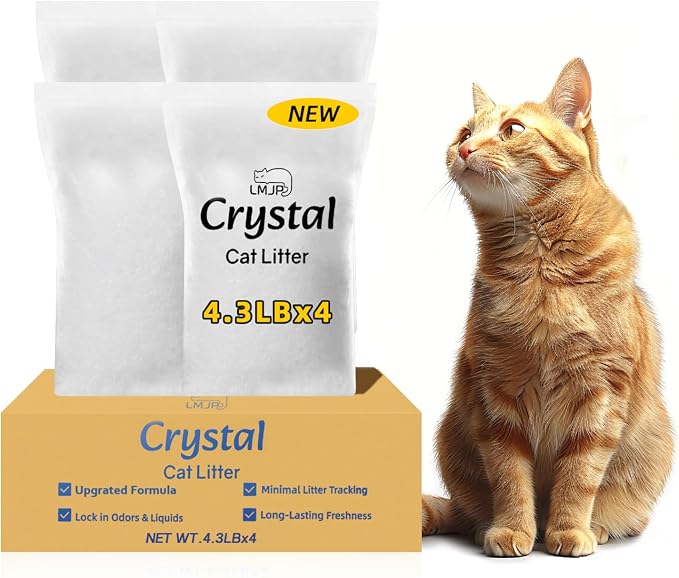 LMJP Crystal Cat Litter for Long-Lasting Odor Control, Non-Clumping, 17.2lb | 4 Months Supply, Unscented, Rapid Water Absorption, Low Tracking, Low Dust, Lightweight White Silica, 4 Pack of 4.3lb