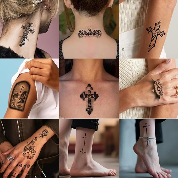 48 PCS Large Christian Temporary Tattoos Stickers Adult Men Women Kids Full Half Arm Sleeve Jesus Cross God Christ Catholic Religious Realistic Body Shoulder Arm Fake Tattoos Stickers Waterproof