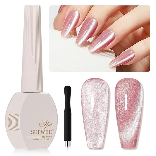 Pink Cat Eye Gel Nail Polish, Holographic Magnetic Gel Nail Polish Glitter Shimmer Effect with Magnet Soak Off U V Salon DIY at Home, 0.5 OZ