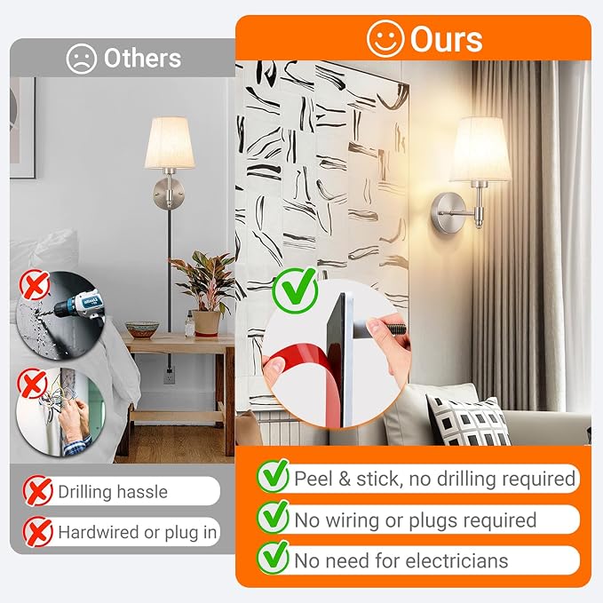 YHCDLAMP Peel and Stick Wall Sconces, No Drilling Stick On Wall Sconce, Wireless Battery Operated Wall Lights, Adhesive Wall Lamp with 10000mAh Battery Bulb for Bedroom Living Room Decor