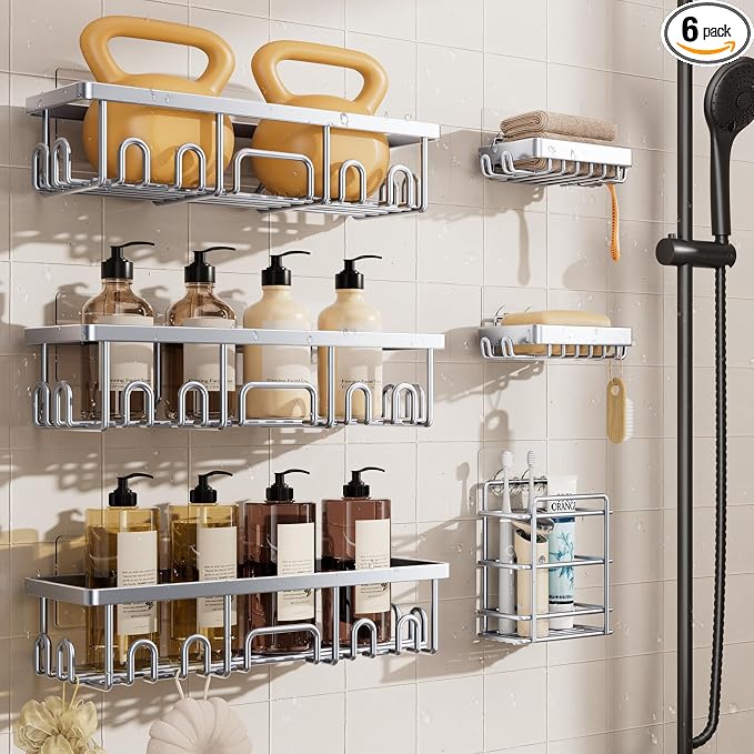 Veken Shower Caddy 6-Pack, Family Choice Award Winner, Large Wall Mounted Shower Rack, Bathroom Shelves Over Toilet, Organizer Storage Accessories with Soap Dish&Toothbrush Holder