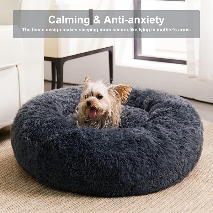 WNPETHOME Large Round Calming Dog Bed Cat Bed for Comfy Sleep | Large Cute Washable Puppy & Cat Bed with Fuzzy Plush, Fur Anti Anxiety Pet Bed Donut Cuddler (45x45x10 Inch, Navy Blue)