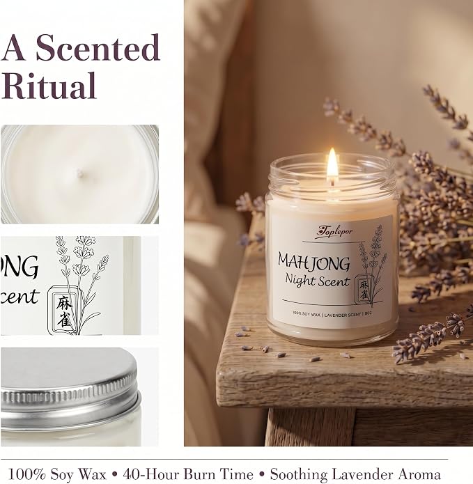 Lavender Candle - Soy Wax Stress Relief & Meditation, 45hr Soot-Free Burn Mahjong Night Scent Candle, 9oz