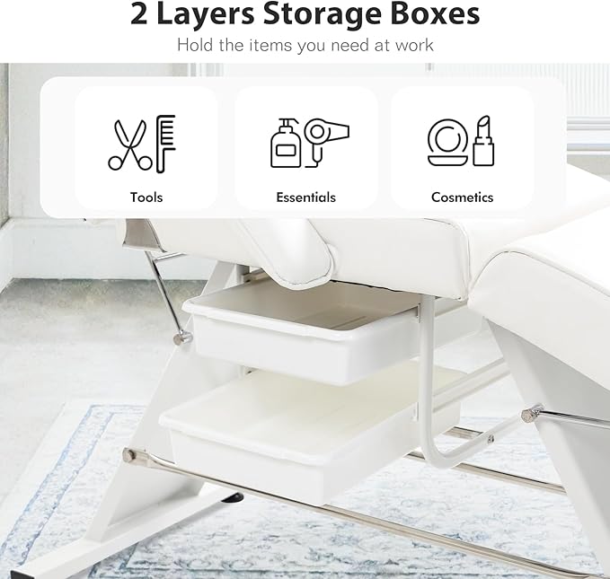 Facial Bed Tattoo Chair with Two Trays Esthetician Beds Adjustable Folding Salon Bed with Hydraulic Stool Massage Chair for Professional Massage Facial Lash Beauty Treatment Spa White