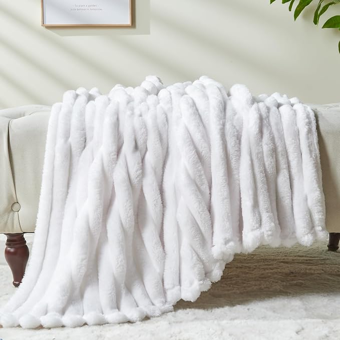 NEWCOSPLAY Fleece Ribbed Cozy Twin Blanket for Couch, White, 60"x80" | Premium Silky Flannel Blanket, Soft Lightweight Fluffy Throw Blanket for Bed Sofa Decor, Gift for All Season Use