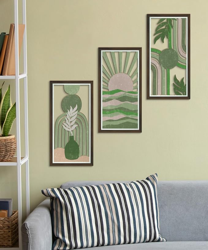 Putuo Decor Abstract Boho Wall Art Set of 3, Modern Geometric Design with Green, Pink, and Beige Tones for Living Room Bedroom Office, Minimalist Wooden Panel Decor