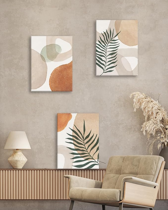 HesenDot Abstract Botanical Wall Art Set of 3, 40x60CM Neutral Plant Framed Canvas Prints, Beige Green Boho Aesthetic Wall Decor for Living Room Bedroom Bathroom Office Home