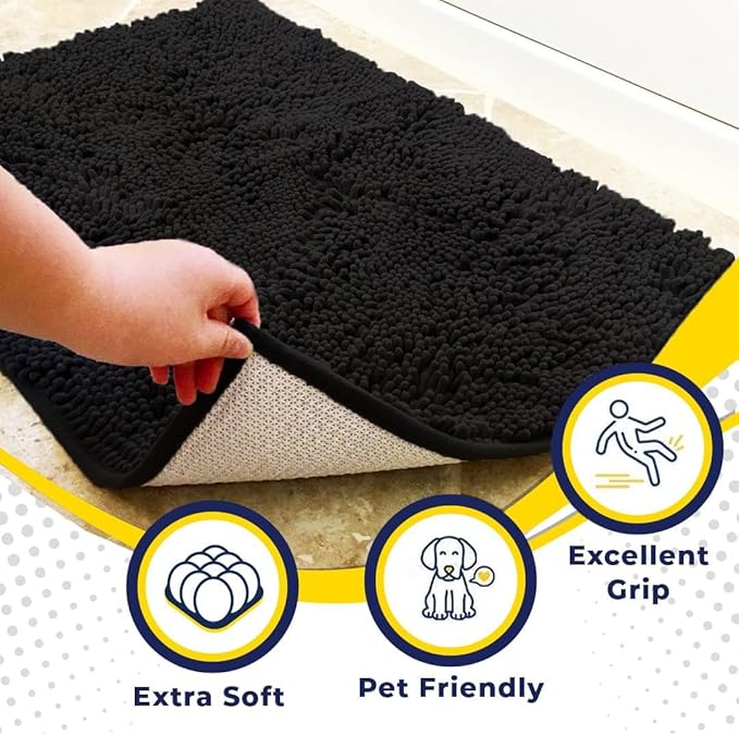 Muddy Mat® | Super Water Absorbent Door Mat Indoor, Microfiber Quick Dry Chenille Entryway Rug, Slip Resistant Front Door Mat, Indoor Mats for Entryway, Machine Washable Pet Rug, Black 24"x36"