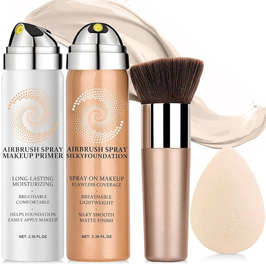 AirBrush Foundation Spray With Airbrush Primer, Silky Mist Foundation Spray Makeup, Full Coverage Foundation for Smooth Radiant, Formula Breathable Lightweight Hydrating (04 Porcelain)