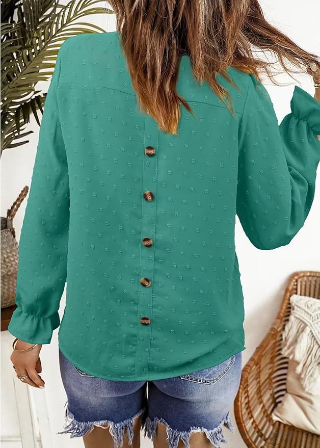 Womens Boho Tops Long Sleeve Shirts For Women Cute Crewneck Blouse Dressy Casual Swiss Dot Crochet Hollow Top 2026