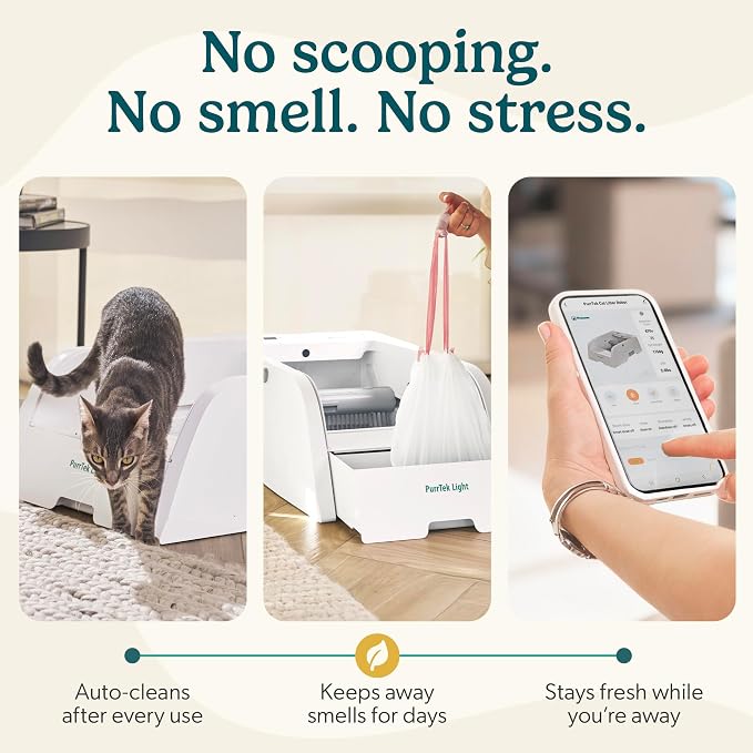 Petcove Self Cleaning Automatic Litter Box for Multi Cat Open Top/Quiet Operation ≤45 dB/Odor Control/Dual Anti-Pinch Safety/Easy App Control with Ultra Fast 5 GHz Wi-Fi - 60 Count Litter Bags