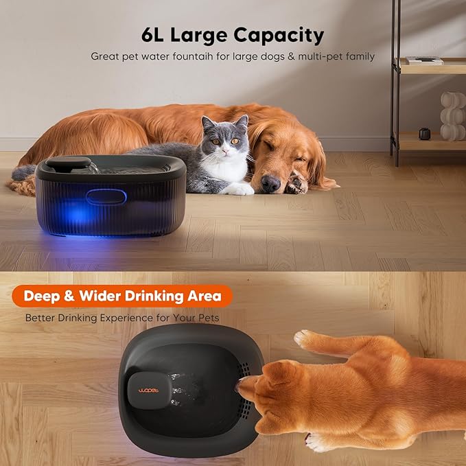 WOPET Dog Water Fountain for Large Dogs, 6L/205oz/1.6Gal Automatic Dog and Cat Water Fountain, Pet Water Dispenser with 6 Filters, Ultra-Quiet Pump, Great for Large Dogs Cats and Multi-Pet Home