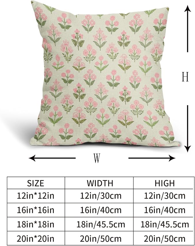 Pink Green Block Print Pillow Covers 18x18 Inch Set of 2 Vintage Floral Decorative Pillow Cases Boho Outdoor Linen Square Cushion Cover Rustic Farmhouse Decor for Bedroom Home Sofa Couch Bed