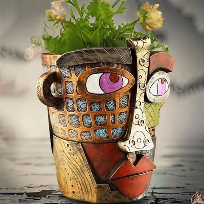 Picasso Brutalist Abstract Beauty Face Flower Pot Acolorful Art Resin Handmade Face Planters Pots Head for Home Art Decor Balcony Ornaments (Retro), RCZED152