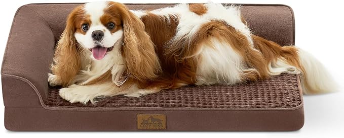 COZY KISS Orthopedic Dog Bed for Medium Small Size Dogs, L Shaped 30x20 in | Non-Slip Bottom Soft Pet Sofa with Washable Removable Waterproof Cover, Egg-Crate Foam Couch with Portable Handle, Brown