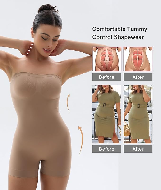 SHAPERX Strapless Shortie Bodysuit for Women Tummy Control Shapewear Seamless Body Shaper with Removable Straps