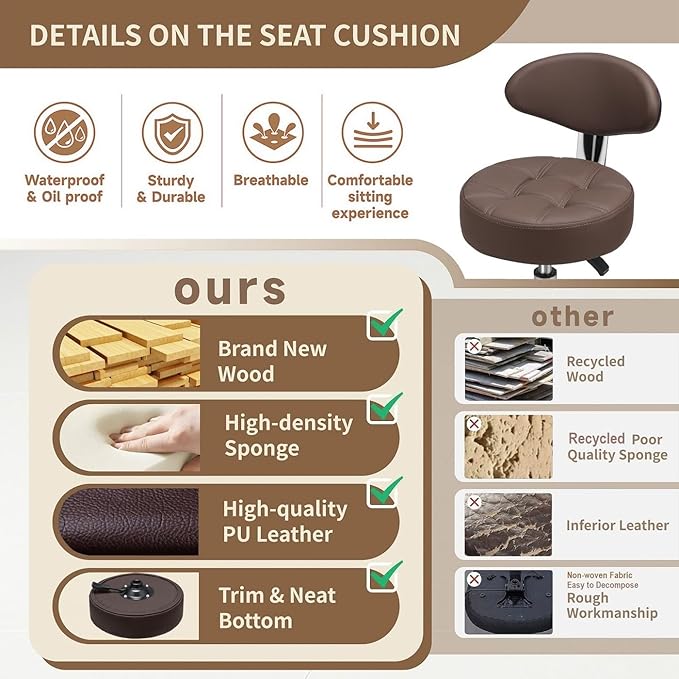 Kaleurrier Swivel Stool Adjustable Height: Heavy Duty Hydraulic Rolling Chair Metal Stool for Kitchen Salon Bar Office Massage (with Back Rest) (Coffee)