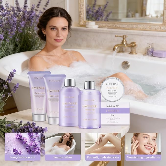 BODY & EARTH Bath and Body Gift Set - 6 Pcs Lavender Bath Kit for Women Spa Set, Birthday, Mother's Day Gift Set for Women Includes Bubble Bath, Shower Gel, Body Lotion