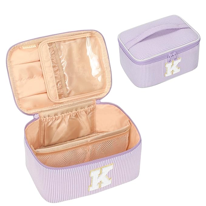 OCHEAL Makeup Bag Valentines Day Gifts for Women, Monogram Cosmetic Bag Purple Travel Makeup Case Beauty Toiletry Bag Organizer Personalized Gifts for Girls Bridesmaid, Sister, Wife, Friends Initial K