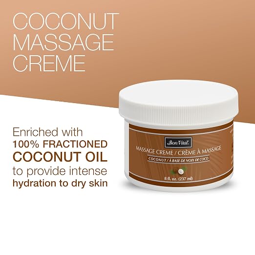 Bon Vital' Coconut Massage Creme Made with 100% Pure Fractionated Coconut Oil, Moisturizer to Repair Dry Skin, No Greasy Feel, Anti-Aging Cream for Professional Massage, 8 Ounces (Packaging May Vary)