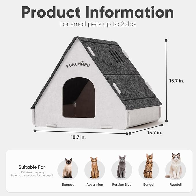 FUKUMARU Cat House Cave Bed for Indoor Cats, Large Warm Felt Cat Hideaway | Scratch-Resistant Cat Cave, Kitten Hideaway for Timid Cat & Small Pet, Modern Sturdy Cats House Condo, Easy to Assemble