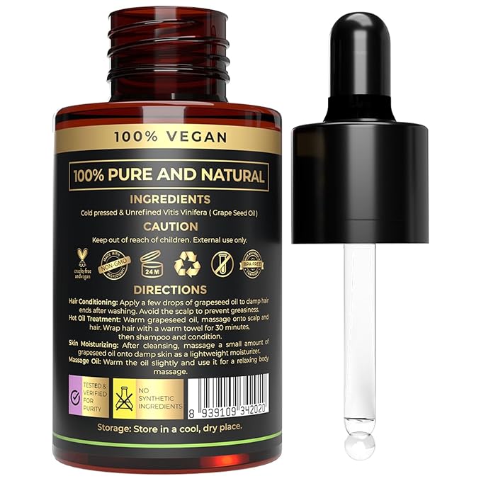USDA Organic Grapeseed Oil - 100% Pure, Cold-Pressed, Non-GMO - Ideal Massage Oil, Face Oil, Hair Care, Skin Moisturizer - Best Grape Seed Oil for Skin & Hair - 1 Fl oz