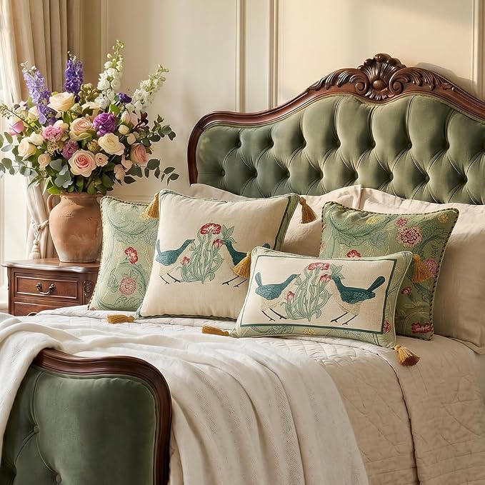 patdrea Designer French Vintage Linen Throw Pillow Cover,18"x18"-Cecilia E | Decorative Pillow Case with Zipper,Green Floral Pattern,Cushion Coverfor Couch Living Room Bedroom Sofa