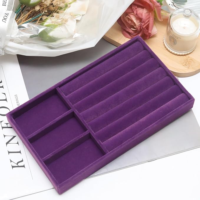 Velvet Jewelry Trays for Drawers, Purple, 2-in-1 | Stackable Jewelry Drawer Organizer, Ring Earring Necklace Bracelet Holder Organizer Display Tray with Removable Divider