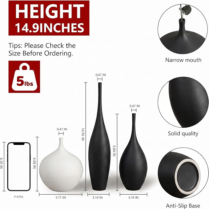 Relexome Black and White Ceramic Vase Modern Wabi-Sabi Flower Vase Set of 3 Decorative Aesthetic Vases for Centerpieces Matte Minimalist Vases for Living Room Table Shelf Home Decor Gift
