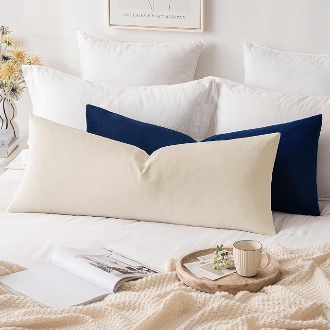 MIULEE 14x36 Inch Lumbar Long Velvet Pillow Cover Set of 1 Cream White | Soft Luxury Decorative Throw Pillow Cover, Single Rectangle Cushion Case, Home Decor for Couch Sofa Bedroom Bed