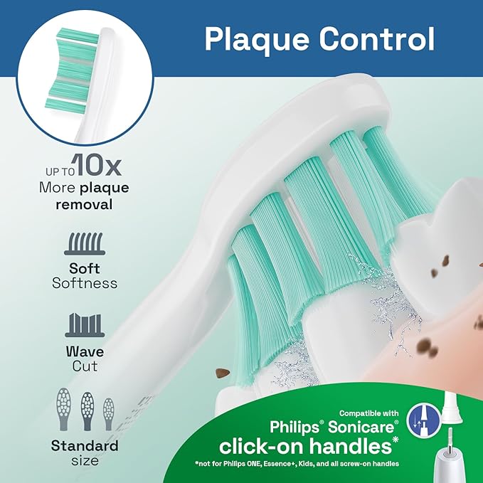 Brushmo Plaque Control Replacement Toothbrush Heads, Compatible with Philips Sonicare Click-on Electric Toothbrush Handles, 8 Standard Replacement Heads, Soft Dupont Bristles, BM928, White