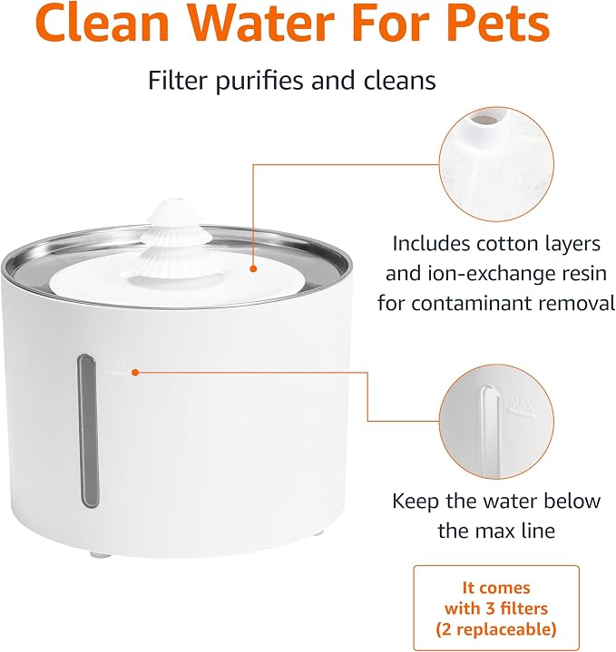 Amazon Basics Large Capacity Pet Water Fountain with Stainless Steel Top, Ultra Quiet, Easy to Clean, BPA Free, 3L, White, 3 Filters Included (Pack of 8)