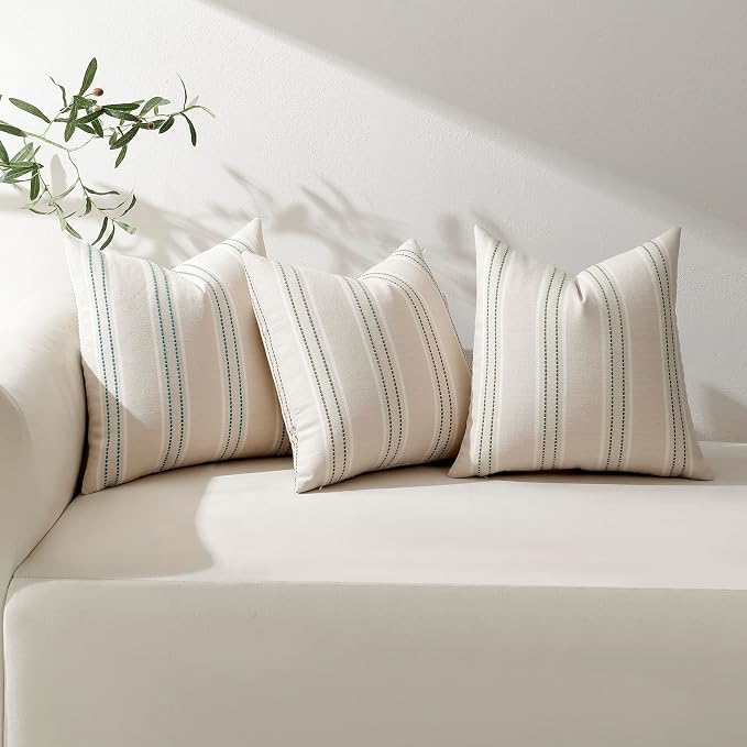 Hckot Stripe Throw Pillow Covers 16x16 Set of 2 Teal Blue Pillow Covers | Farmhouse Decorative Pillows Textured Linen Square Cushion Covers for Sofa Couch Bed Living Room Decor